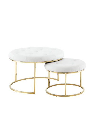White Faux Leather Round Tufted 2 pc Gold Base Coffee Table Ottoman